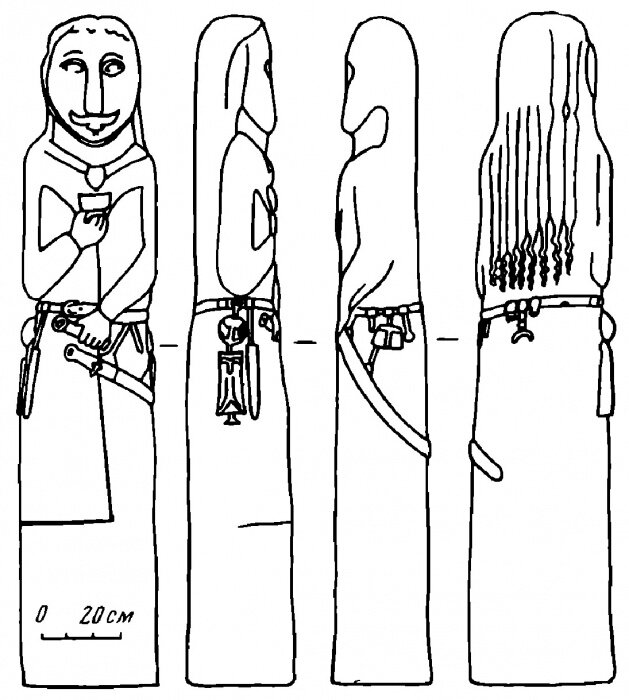 Рис. 2. Рисунок изваяния, опубликованный Ф.Х. Арслановой и А.А. Чариковым. По: Арсланова Ф.Х., Чариков А.А., 1974, с. 224, рис. 2-8, рис. 3-а