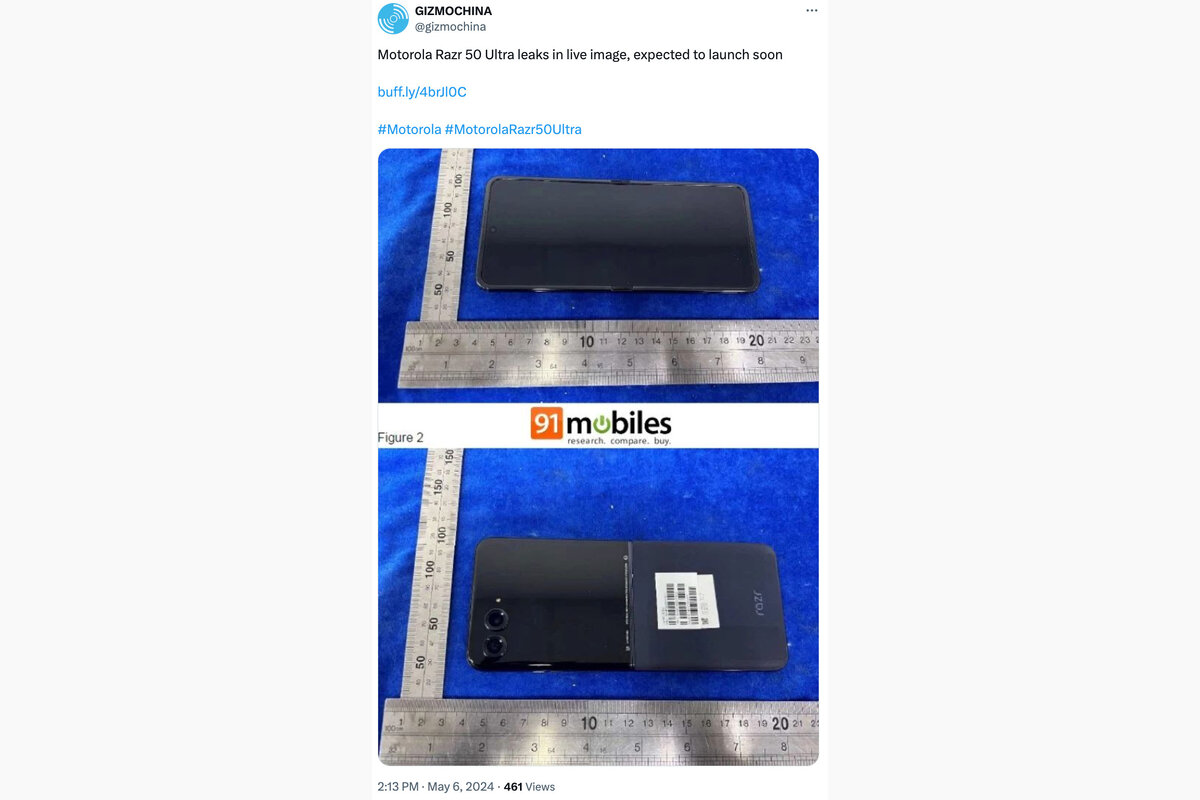 gizmochina / X (предыдущее название Twitter, доступ к социальной сети заблокирован на территории России)📷Фото предстоящего складного смартфона Motorola Razr 50 Ultra