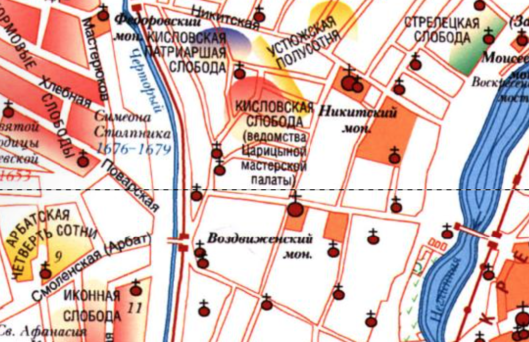 Кисловская слобода на восстановленной карте Москвы по данным на 1675 год. С сайта www.retromap.ru.