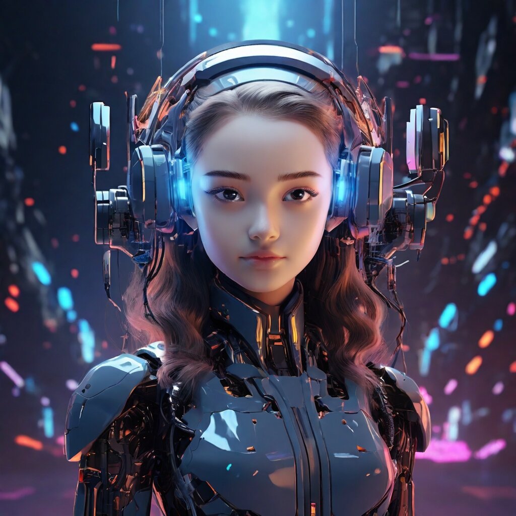 Девочка-школьница в киберкостюме в наушниках будущего на голове