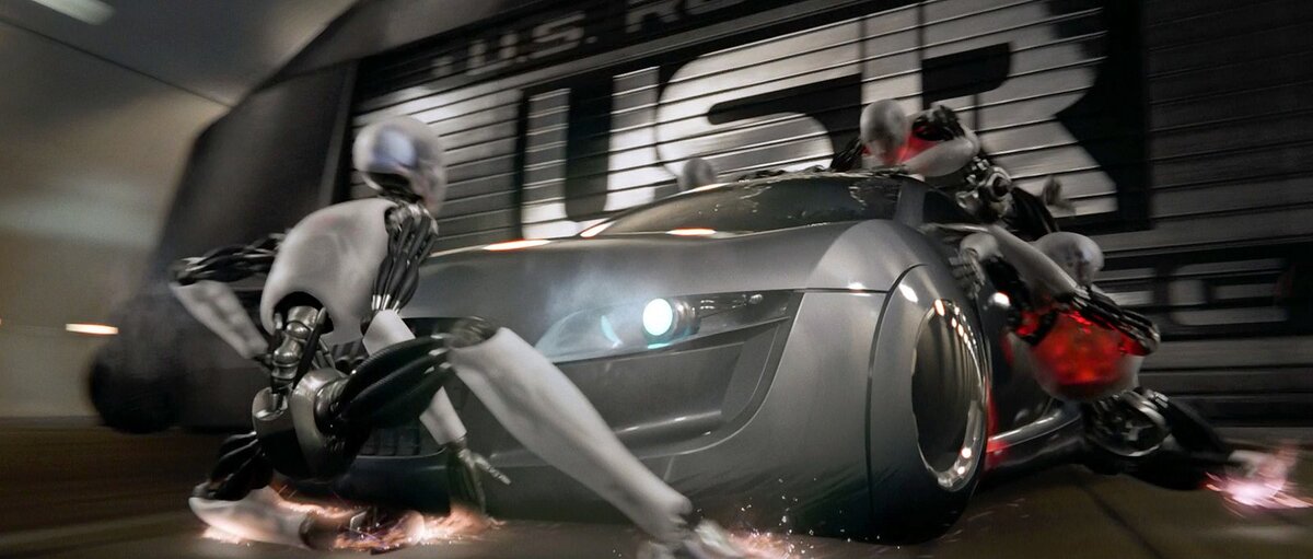    Сразу вспоминается напряженная погоня. Робот: «Вы попали в автокатастрофу». Спунер: «Черта с два я попал!» На ходу RSQ то реальный, то рисованный, но всяко убедительный — веришь.