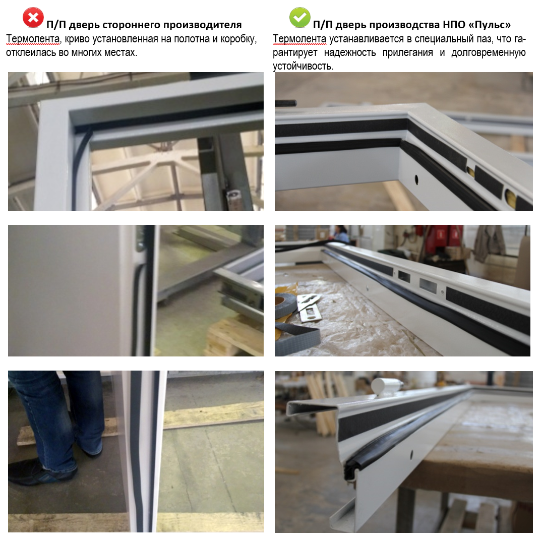 Вывод положительный: надежно установленная армированная термолента достаточной ширины на двери НПО «Пульс» гарантирует герметичность притворов в случае возникновения пожара. Вывод отрицательный: узкая, криво установленная и плохо прилегающая термолента пропустит дым и сведет на нет весь функционал П/П двери.
