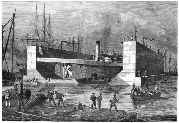 Железный гидравлический плавучий док завода Макферсона в Кронштадтской гавани. Рис. с натуры А. К. Беггров, грав. К. Вейерман