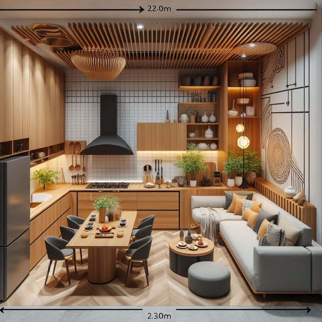 Вариант дизайн кухни площадью 12 кв. метров в стиле джапанди.