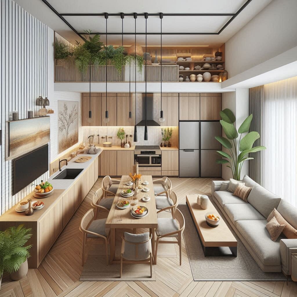 Дизайн кухни сочетает скандинавский стиль и японские интерьерные традиции.