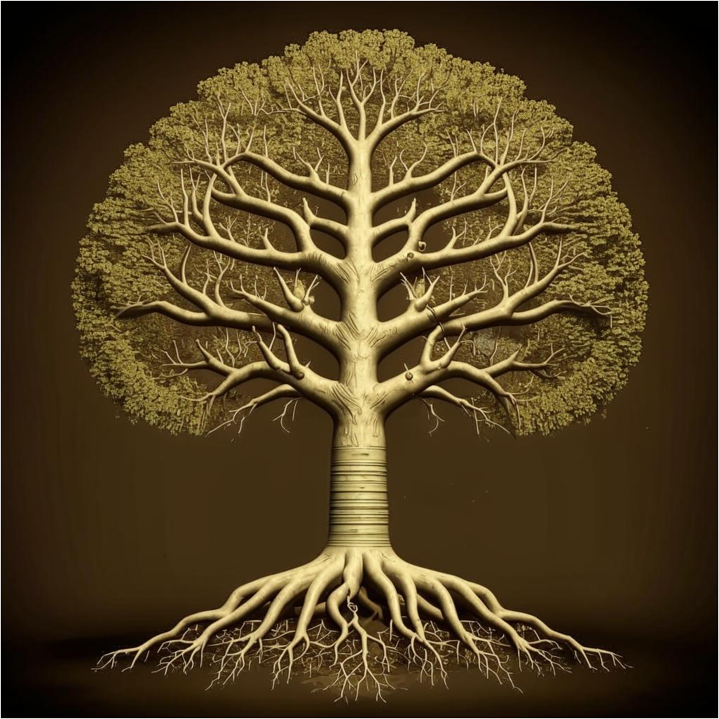 На дереве корни символизируют предков, а ветви — текущее и будущие поколения. 
