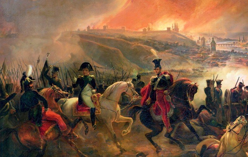 Наполеон и Понятовский на фоне горящего Смоленска.