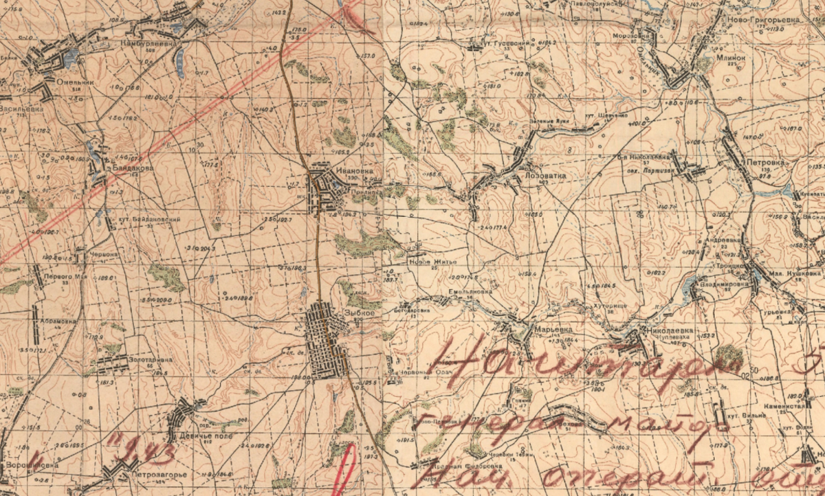 Фрагмент карты положения войск 53А и решения командующего о форсировании Днепра, октябрь 1943 г. (ЦАМО.Ф.409. Оп.10057.Д.277)