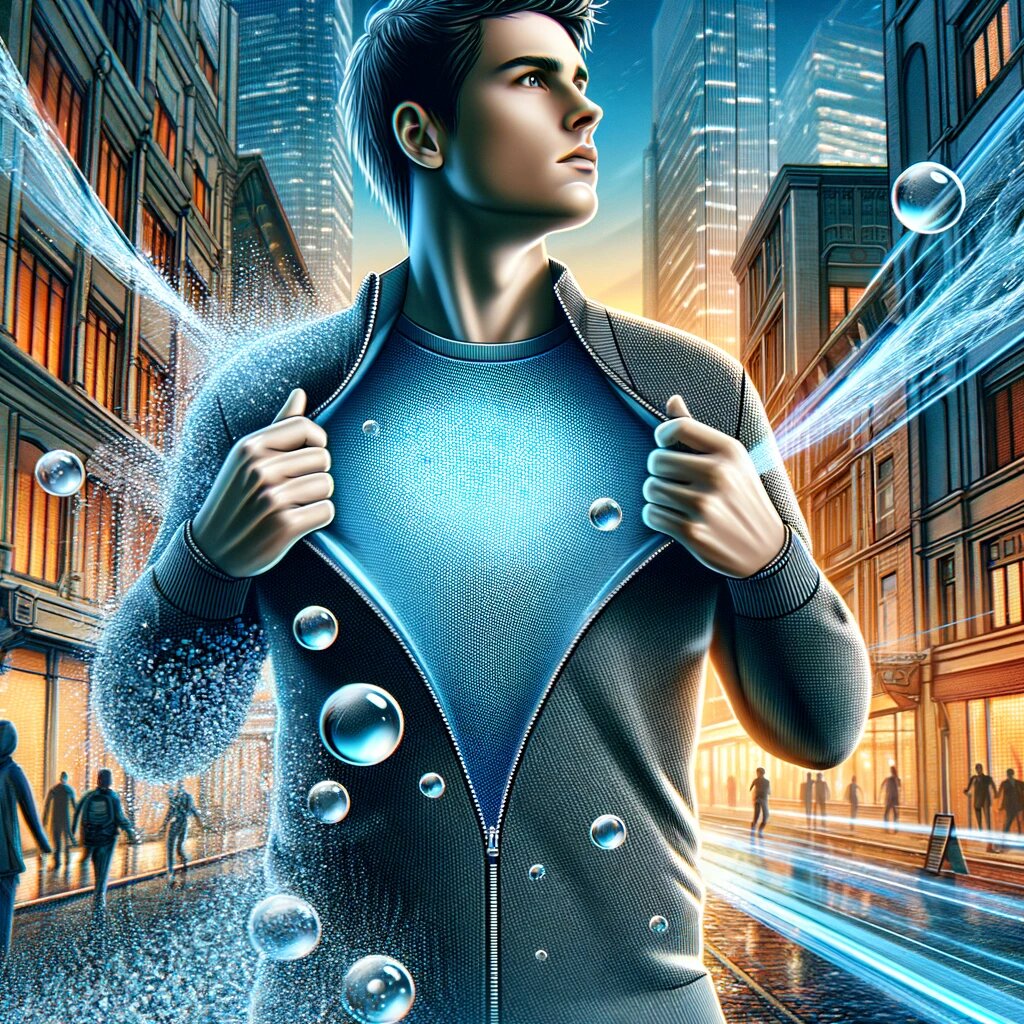 Молодой человек в шумном городе, одетого в современную самоочищающуюся одежду.