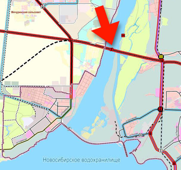 Схема строительства пятого моста через Обь в Новосибирске. Кадр из предложений в Генплан Новосибирска.