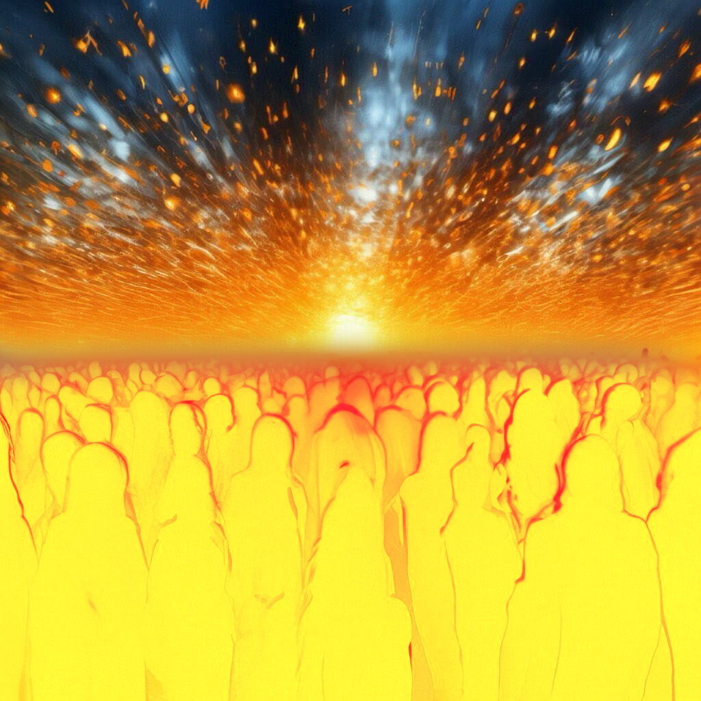 Люди светятся золотым, оранжевым и желтыми цветами.