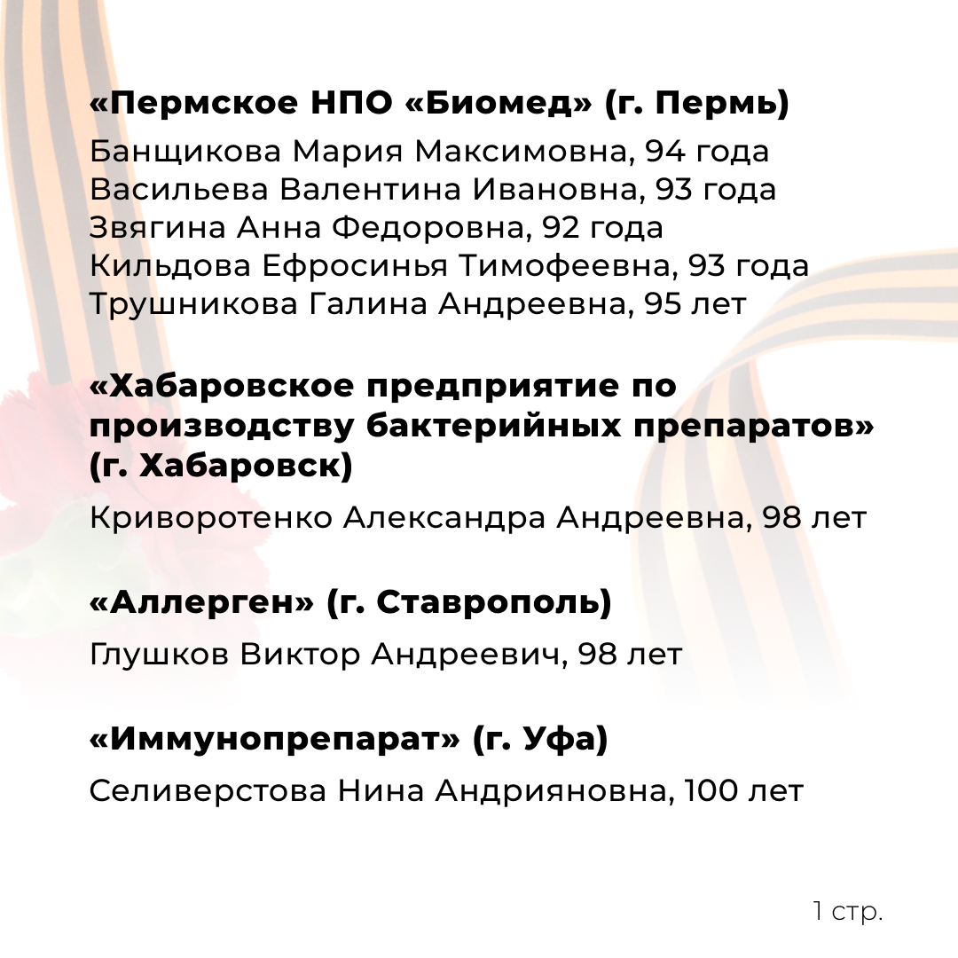 Участники Великой Отечественной Войны и труженики тыла, вышедшие на пенсию из филиалов «Микрогена»