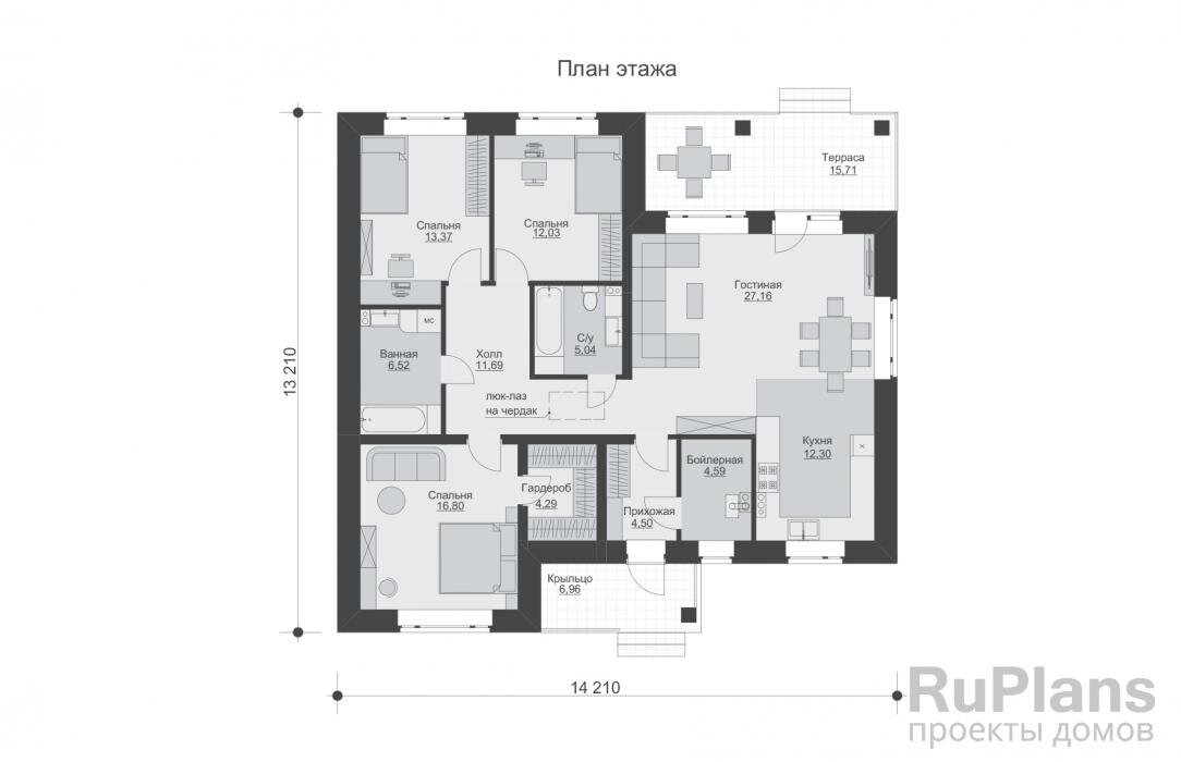 Прихожая 4,50 м2Бойлерная 4,59 м2Кухня 12,30 м2Гостиная 27,16 м2Спальня 12,03 м2Спальня 13,37 м2Ванная 6,52 м2Спальня 16,80 м2Гардероб 4,29 м2Холл 11,69 м2С/у 5,04 м2 