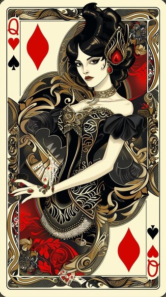 queen of spades ,queen of hearts card on top, art deco style. —ar 9:16 