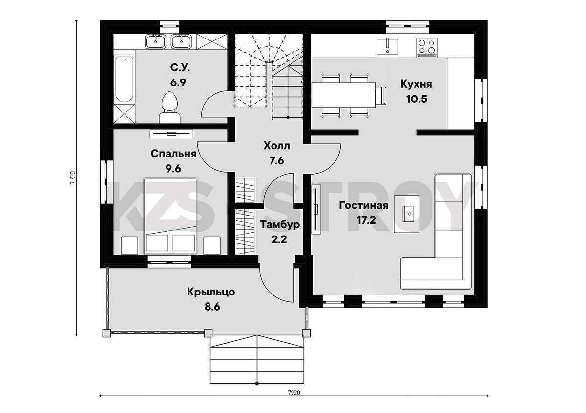 План первого этажа дома «Таурус 110» от компании «Комплексное загородное строительство», kzs-stroy.ru 