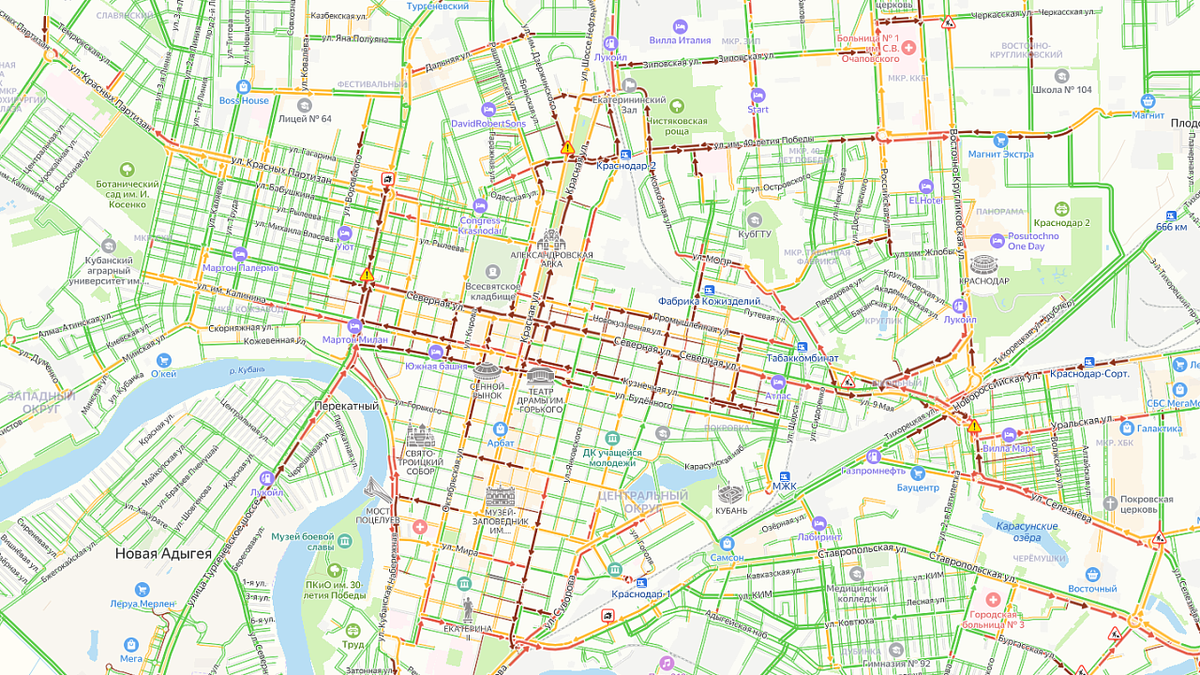    Краснодар перед длинными выходными встал в 9-балльные пробки Фото: скриншот Яндекс Карты