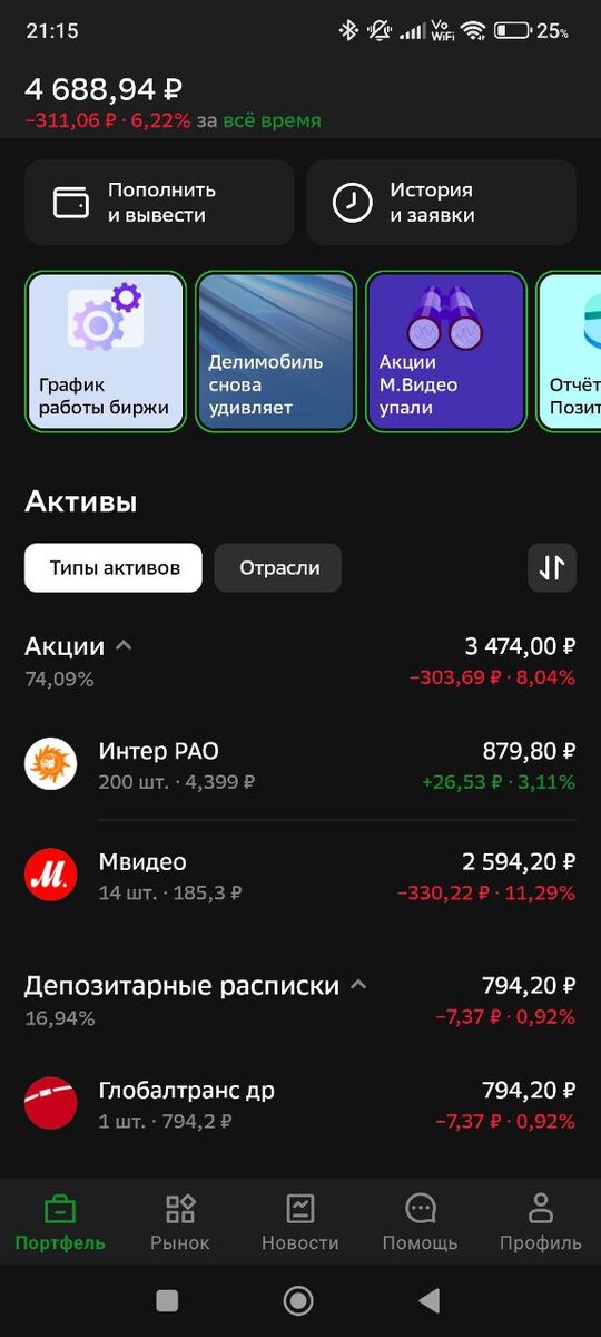 Скриншоты портфеля из приложения СберИнвестиции