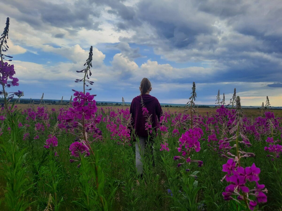 Поле цветов, но ты грустишь, поменяй некоторые моменты своей жизни в лучшую сторону, и тогда будешь более счастливым, к счастливым людям удача притягивается сама!