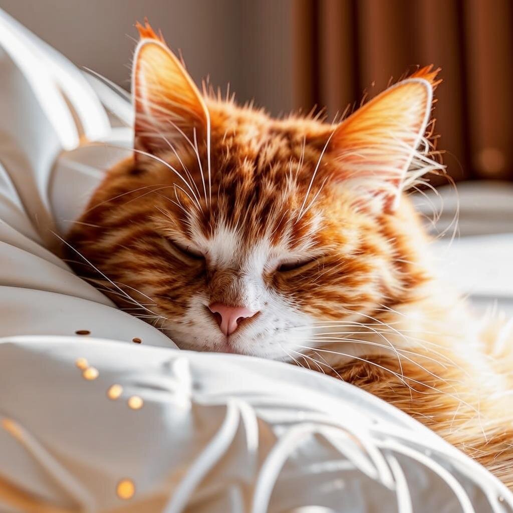 Рыжий кот спит в постели. Нейросеть Kandinsky 3.1.
