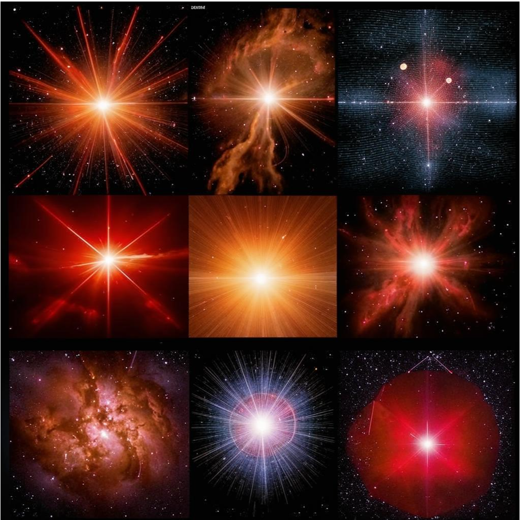 Яркие и детализированные изображения звезд различных типов, включая красные гиганты, белые карлики и сверхновые, для иллюстрации различных стадий звездной эволюции.