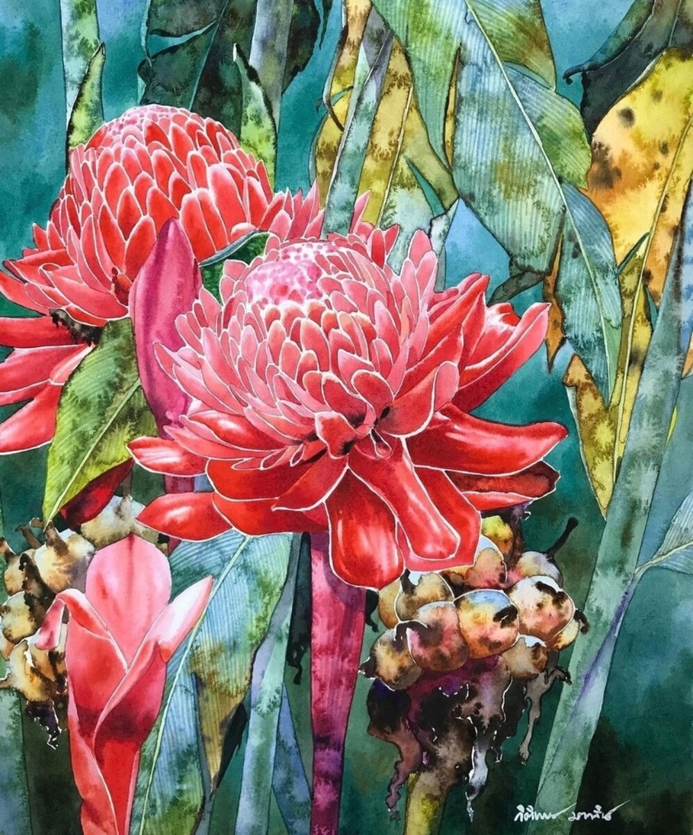 Красные цветы. Художник Китипонг Ти