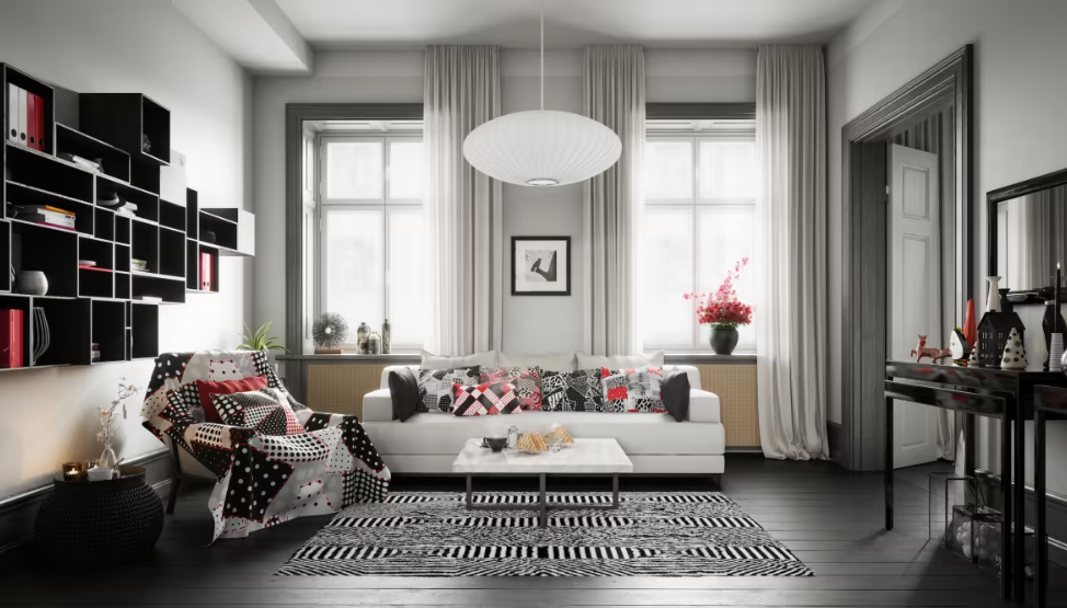 Уютная гостиная в скандинавском стиле украшена лоскутными покрывалами