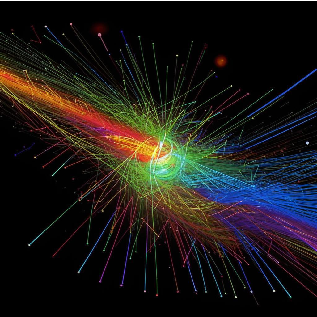 Искусственное представление вибрирующих струн, в виде цветных линий или петель на темном фоне, символизирующих различные элементарные частицы.