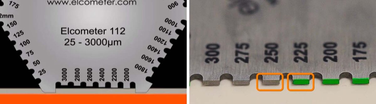 Вот такой гребенкой контролируют толщину «мокрого» слоя краски. Прибор прижимают перпендикулярно к поверхности и ждут пару секунд. Толщина пленки будет находиться между наибольшим значением окрасившегося в цвет краски зуба гребенки и наименьшим значением не окрашенного зуба.