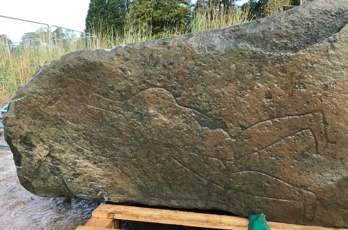 В 2017 году во время дорожных работ у Перта (Шотландия) обнаружили упавший мегалит с высеченным рисунком. На место прибыл археолог Марка Холла, описавший находку.