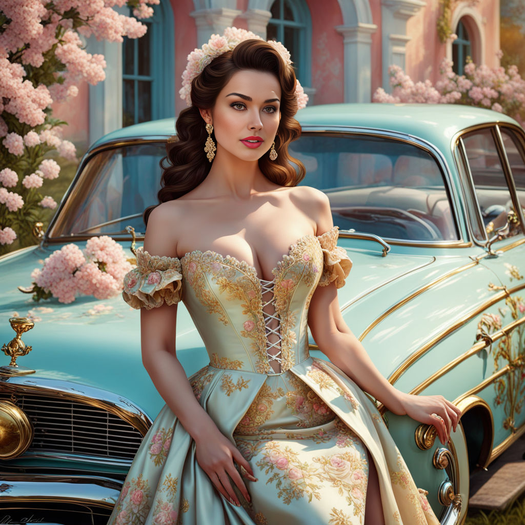 Девушка рядом с шикарным автомобилем в стиле рококо