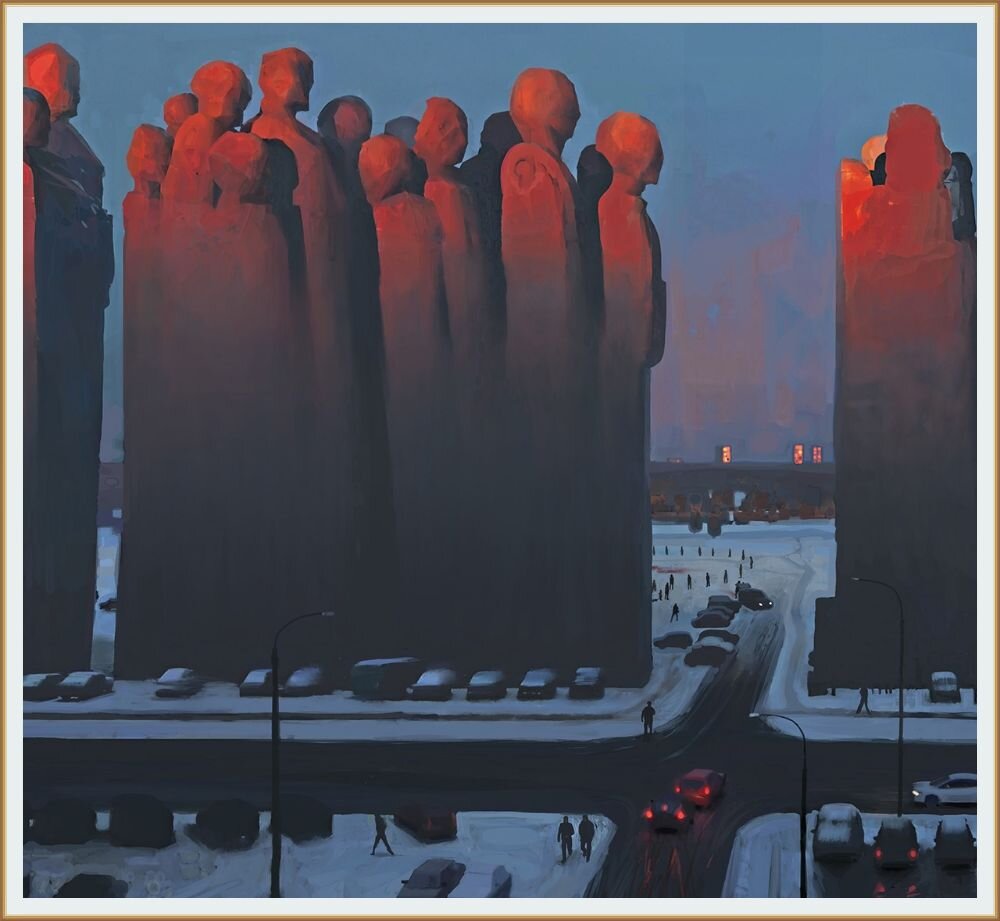 Работа художника АНДРЕЯ СУРНОВА под названием " ГРАЖДАНЕ " В этой работе прослеживаются однозначные аллюзия на «Граждан Кале» Родена И на этой картине мы видишь не просто старые хрущёвки, а их чудесное перевоплощение в гигантские фигуры при свете уходящего солнца