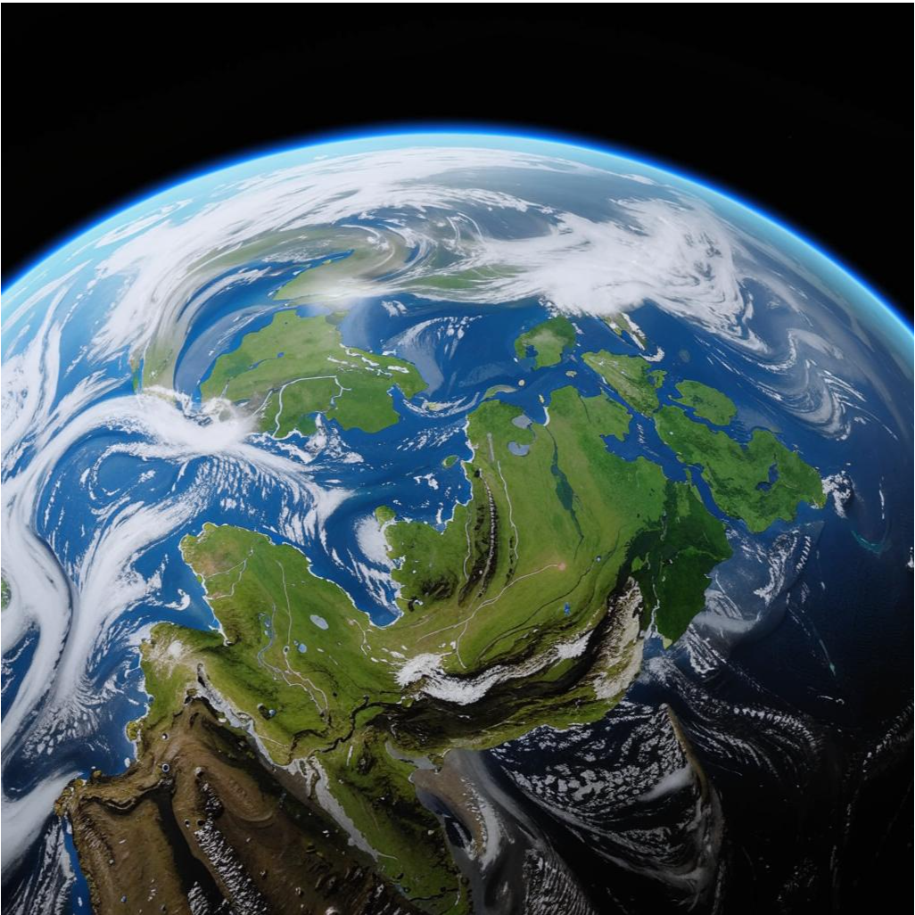 Вид из космоса на Землю, показывающий разнообразие природных ландшафтов — от заснеженных гор до зелёных лесов и синих океанов. 