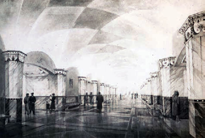 Проект станции Павелецкая И.Таранова и Н.Быковой, 1938 год. Взято с сайта: verum.wiki.