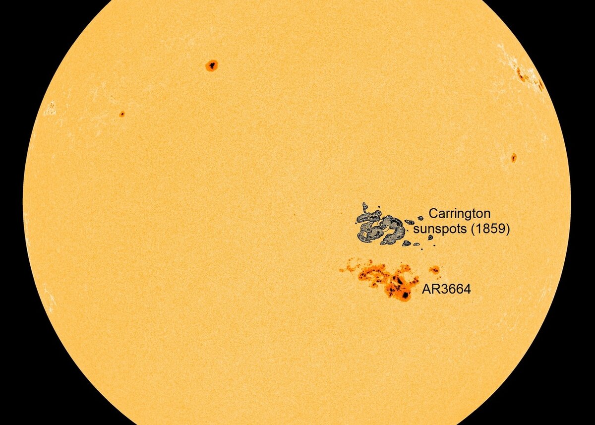 Для сравнения размеры AR3664 (май 2024 года) и пятна на Солнце во время "события Кэррингтона" (сентябрь 1859 года). 