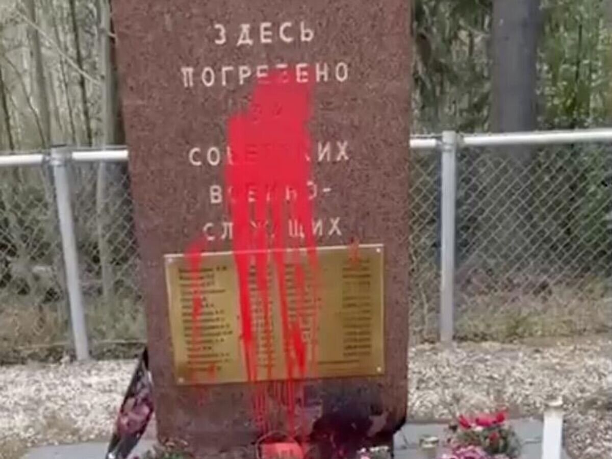    Памятник советским военнослужащим осквернили на кладбище в Малми-Кивикко. Кадр видео© Соцсети