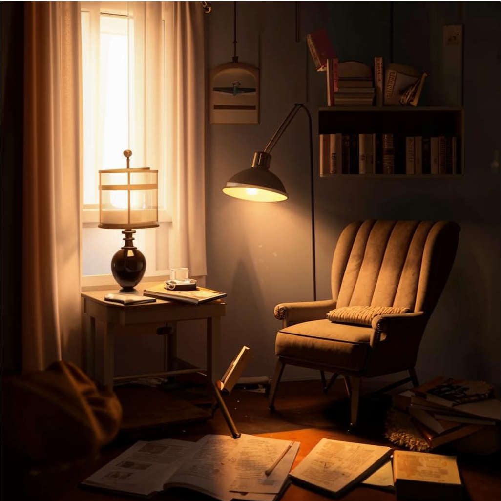 Уютный уголок с мягким креслом и тёплым светом лампы. Здесь можно расслабиться и начать писать свой  дневник. 