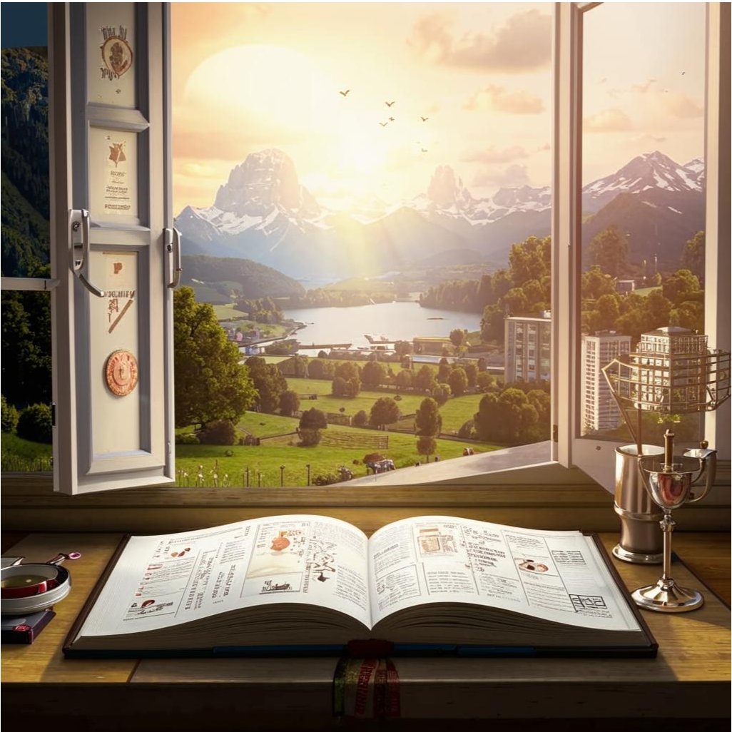 Дневник,  на страницах изображены иконки или символы успеха, такие как медали, сертификаты и улыбающиеся лица. 