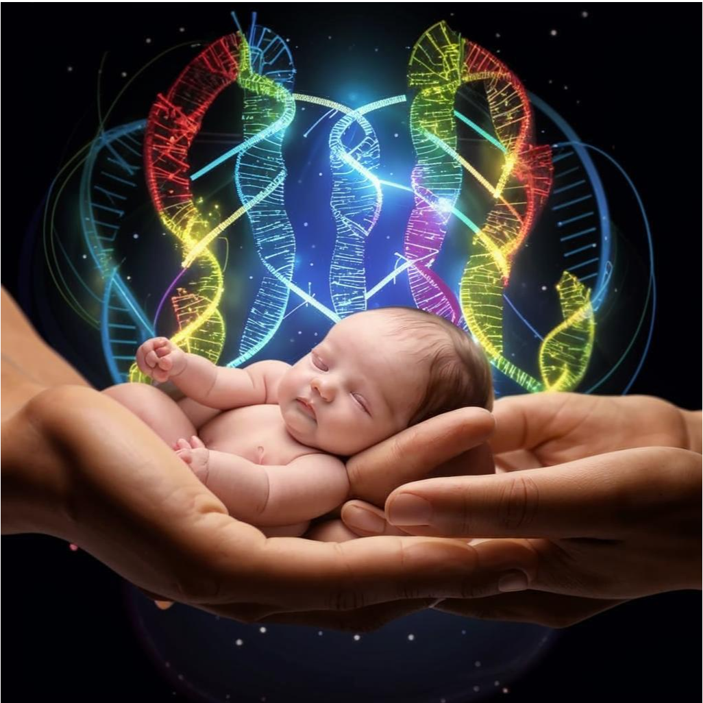 Новорожденный малыш и ДНК, светящиеся и переплетающиеся, символизирующие передачу генетического наследия.