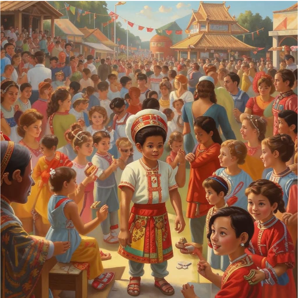 Многолюдный фестиваль и люди в различных уголках мира, где дети в национальном костюме изучает традиционные ремесла и игры. Они, окружены семьей и друзьями, и это отражает влияние культуры и общества на формирование личности.