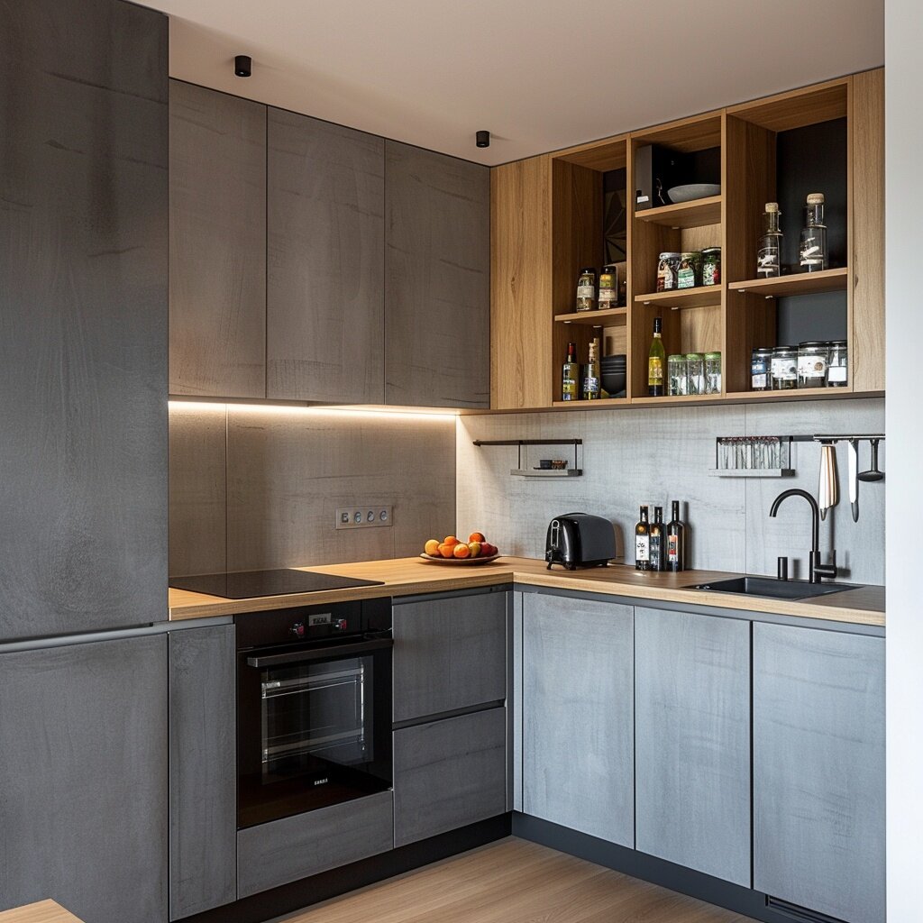 Современный дизайн небольшой угловой кухни