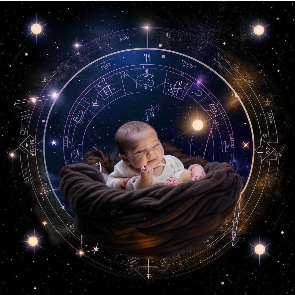  Астрологическая карта, разворачивающаяся над колыбелью новорожденного в темной, звездной ночи. Звезды и планеты светятся, формируя линии и символы, которые связываются с ребенком, символизируя его уникальную натальную карту