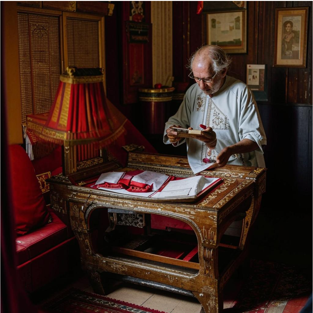 Старинная комната с семейными реликвиями и амулетами на стенах. Старейшина семьи проводит ритуал очищения над колыбелью новорожденного, используя древние символы и обереги для защиты от родовых проклятий