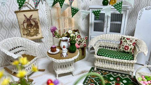 Кукольная миниатюра пасхальный декор для кукольного дома 1:12 масштаб пасхальные миниатюры. Как сделать плетеную корзину пасхальную.