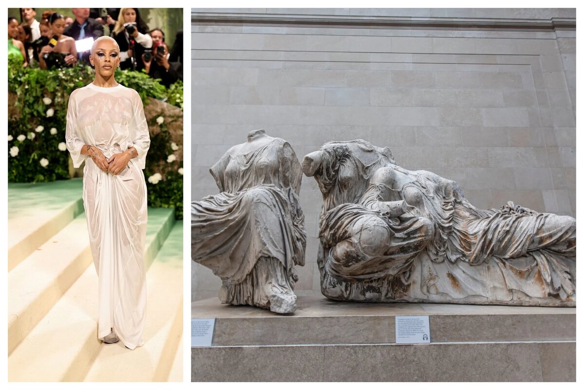 Слева: Doja Cat в костюме Vetements на Met Gala 2024. Справа: мраморные скульптуры Парфенона в Британском музее. 