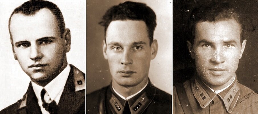 Советские лётчики, совершившие воздушные тараны 22 июня 1941 года. Слева направо: командир звена 1-й эскадрильи 12-го ИАП младший лейтенант Леонид Григорьевич Бутелин, командир звена 62-го ШАП старший лейтенант Анатолий Васильевич Азаренков, командир звена 123-го ИАП лейтенант Пётр Сергеевич Рябцев