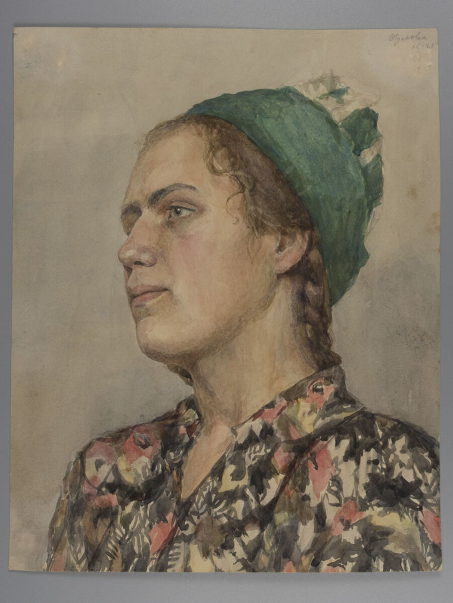 "Портрет женщины в шляпке". 1950-е. Бумага, акварель. Автор Орлова Л.Ф. Частное собрание. Листайте галерею вправо.