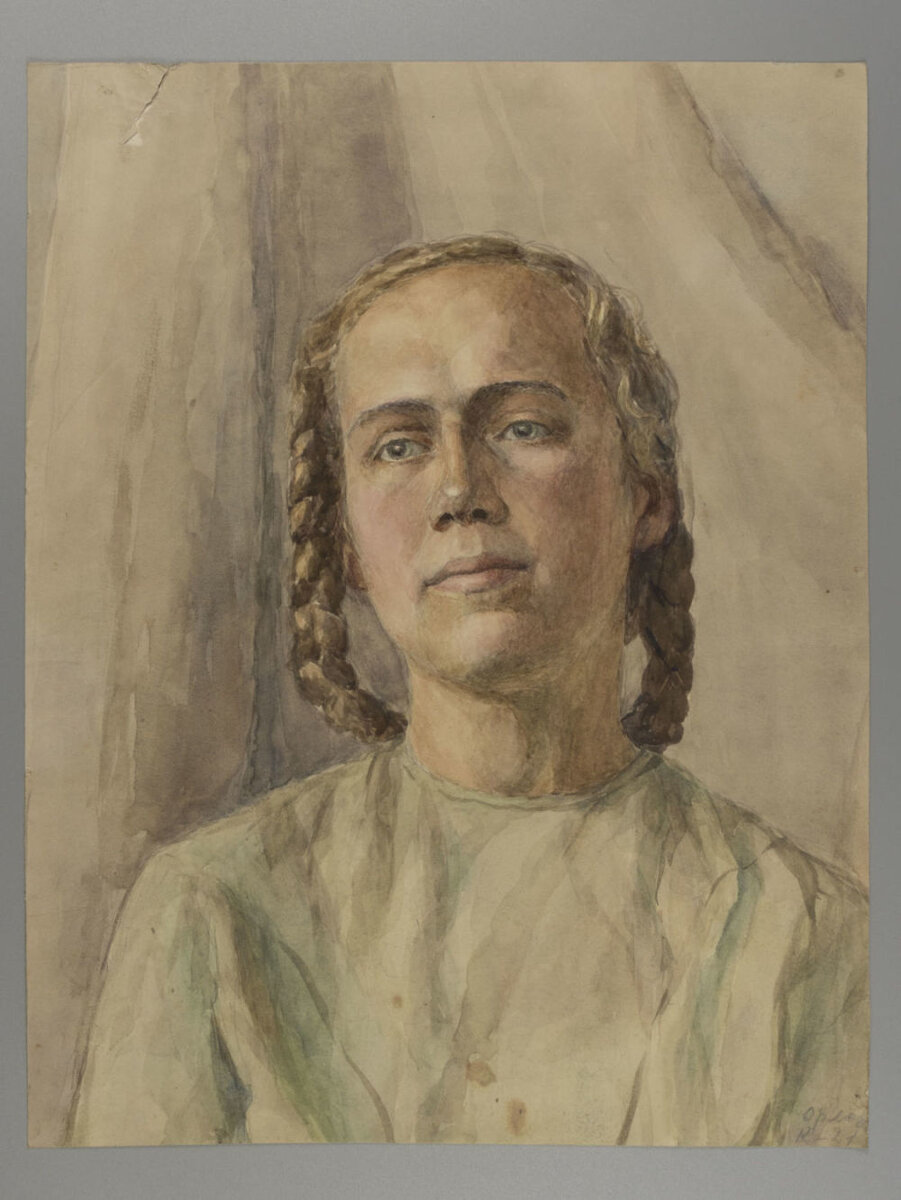 "Портрет женщины с косичками". 1950-е. Бумага, акварель. Автор Орлова Л.Ф. Частное собрание.