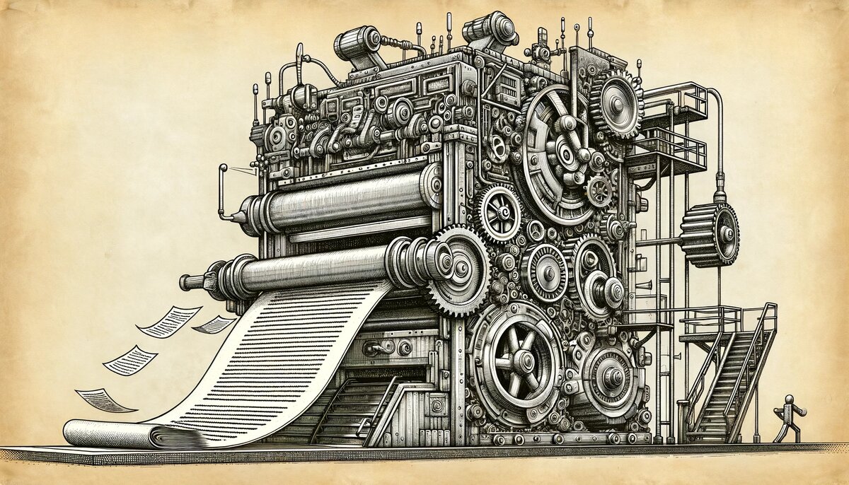 Изображение сгенерирвоанно при помощи DALL-E, промт: image of the mechanical robot in a drawn, artistic style, processing textual documents