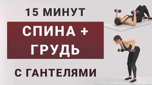 15 мин ГРУДЬ + СПИНА с гантелями💪 Силовая тренировка стоя и на полу (11 упражнений в 2 круга)