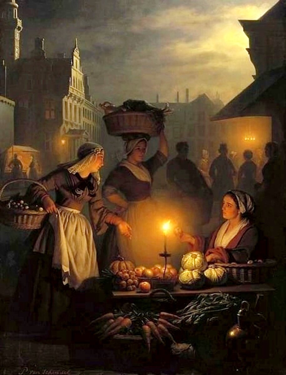 Продавщица овощей на ночном рынке. Художник Петрус ван Шендель